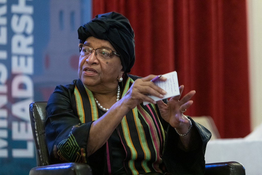 Her Excellency Ellen Johnson Sirleaf, former President of Liberia, answers questions during a discussion at the 2021 Harvard Ministerial Forum for Sectoral Ministers.