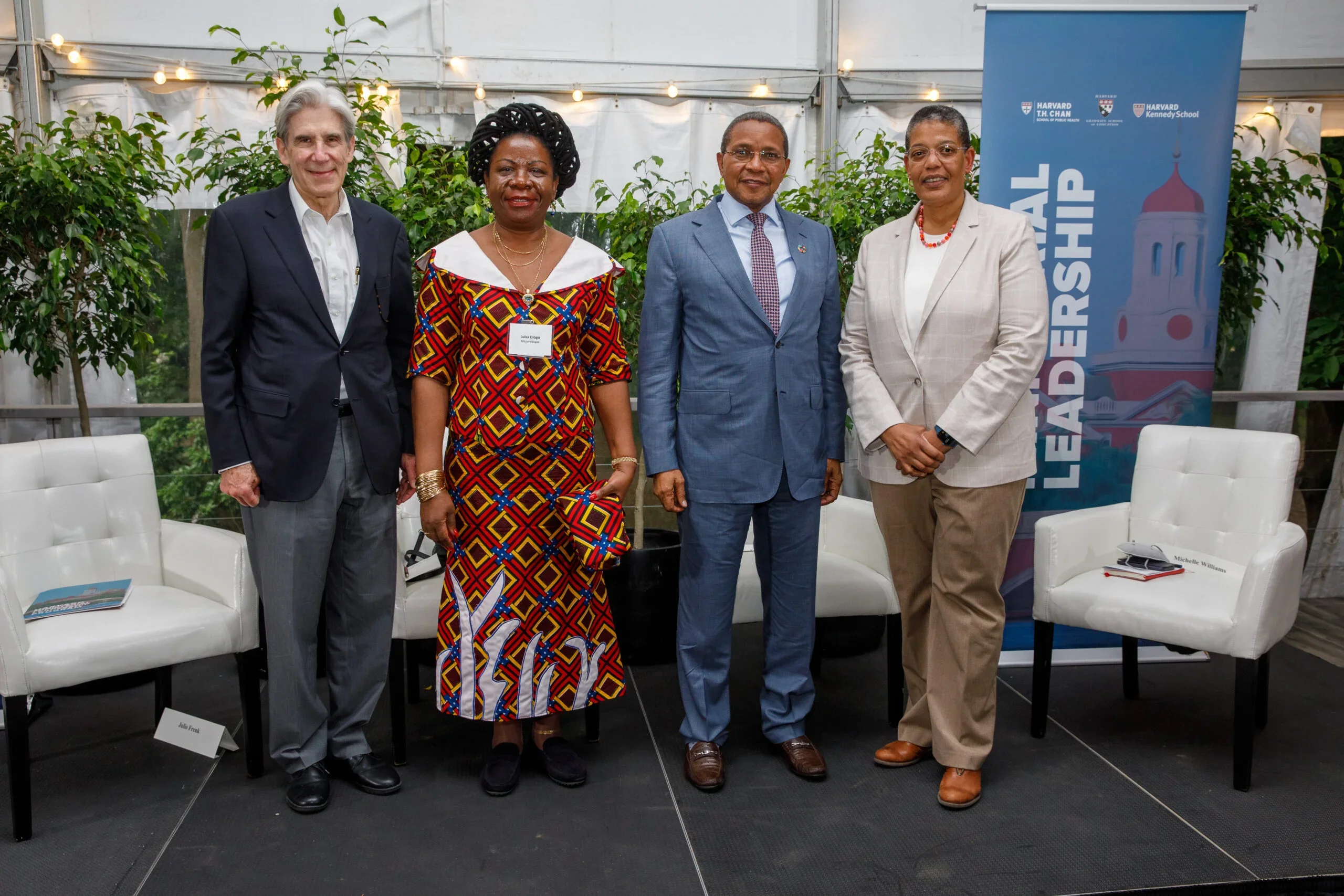 Harvard Ministerial Leadership Program Advisory Board Members from left to right, Julio Frenk, Luisa Diogo, H.E. Jakaya Kikwete, and Dean Michelle Williams during the Program’s 10th Anniversary Celebration in 2022.