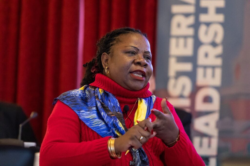 The Rt. Hon. Luisa Diogo, former Prime Minister of Mozambique and Vice Chair of the Harvard Ministerial Leadership Program Advisory Board, participates in a panel discussion during the 2019 Harvard Ministerial Forum for Finance and Economic Planning Ministers